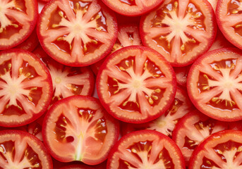 Juicy tomato slices arranged in a close-up pattern showing vibrant texture and seeds © Yevhen