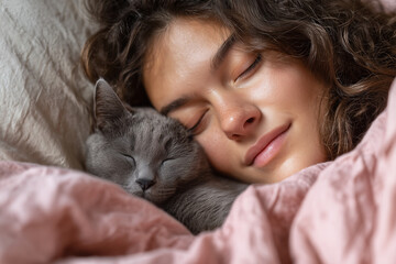 Young Caucasian Girl Resting with Her Cat on Bed, Tranquil Home Atmosphere