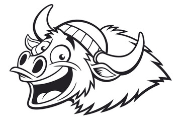 Fototapeta premium A happy cartoon Warthog's head with tusks and fur, smiling broadly in black and white
