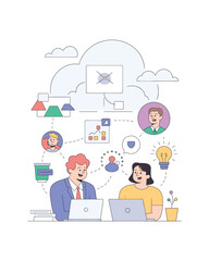 Virtual collaboration, team communication, cloud computing, and data analysis illustration