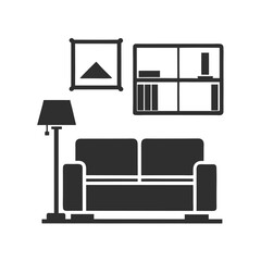 Simple Gray Living Room Interior Design with Sofa Floor Lamp Bookshelf and Wall Art on White Background