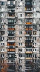 Soviet-era apartment building facade with diverse balconies. Urban architecture in the background.  Possible use stock photography