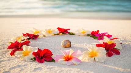 Vibrant Tropical Flowers Arranged in Circle on Sandy Beach