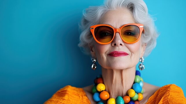 A fashionable elderly woman with striking accessories and vibrant colors, showcasing bold fashion choices that challenge stereotypes and celebrate individuality and joy.