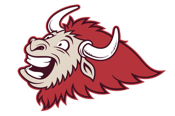 Cartoon bison mascot laughs cheerfully showing prominent teeth and striking red and beige fur
