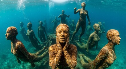 Intriguing underwater sculpture park displaying human figures and marine integration