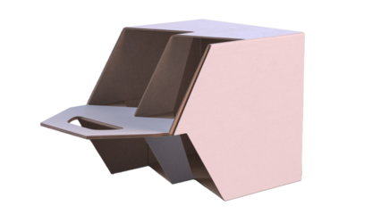 A geometric cardboard display stand designed for organizing or showcasing items.