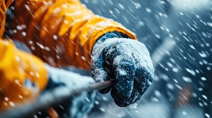 A determined mountaineer in a bright orange jacket braves a snowy storm, highlighting human resilience in harsh conditions against a backdrop of white wilderness.