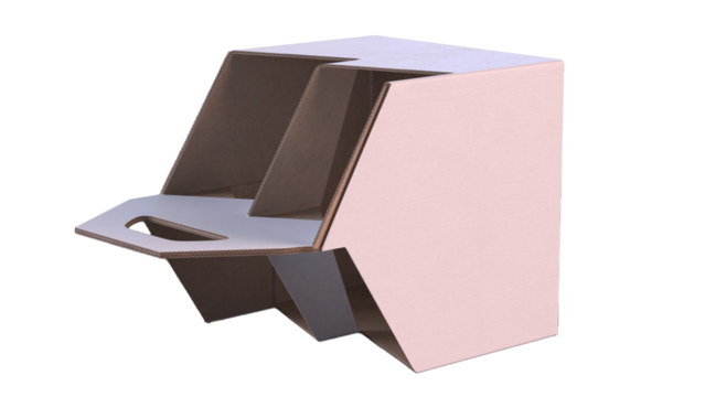 A geometric cardboard display stand designed for organizing or showcasing items.