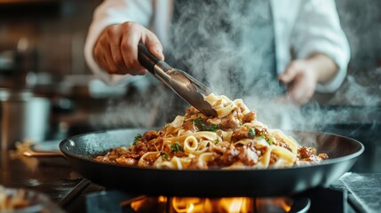 A skilled chef expertly tossing a steaming plate of pasta in a vibrant kitchen setting, highlighting culinary artistry and the passion behind creating delightful dishes.