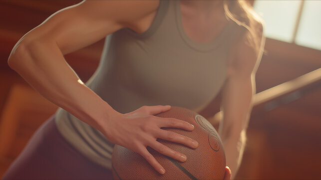 Female athlete holding basketball getting ready for game in gym   - Powered by Adobe