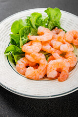 Shrimp salad prawns seafood fresh pescetarian diet gourmet food background on the table rustic food top view copy space keto and paleo diet vegetarian food