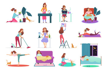 Young woman home activities set. Girl watering plants, washing dishes, working with laptop, relaxing, eating pizza, cleaning house, cooking, repairing, drawing, yoga sleeping vector illustration