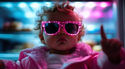 A vibrant portrait of a fashionable doll adorned with oversized pink sunglasses, illuminated by colorful lights, representing playfulness and modern aesthetics.