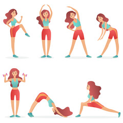 Funny pretty woman exercising various different training fitness poses exercises set vector illustration