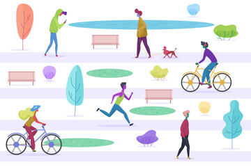 Stylized male and female people walking with pets, cycling, running, listening to the music, enjoying time, texting in the city park. Flat cartoon trendy vector illustration