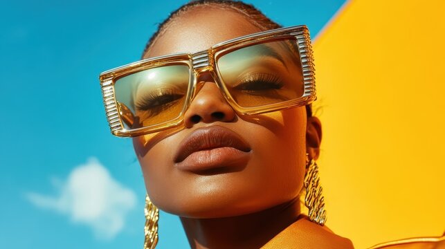 A striking image of a stylish woman wearing oversized sunglasses against a vibrant blue sky and bright orange wall, embodying confidence and bold fashion.