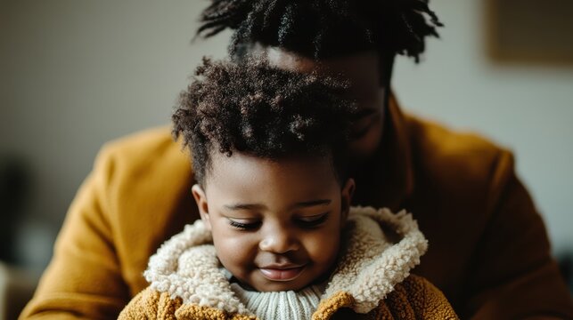 A heartwarming scene capturing a father and child sharing a loving moment, highlighting the bond of family and warmth in a beautifully soft and serene environment.