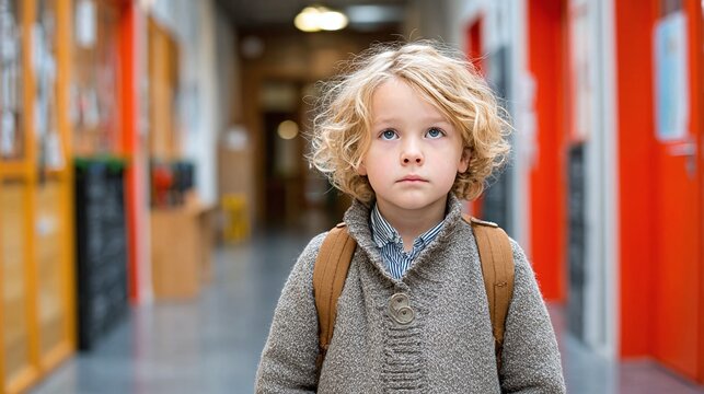 A young student with curly blonde hair and a backpack gazes upward in a school hallway, filled with anticipation for learning and the day ahead.