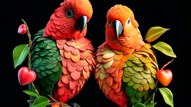 Two vibrant parrots, intricately detailed, perched on a branch adorned with red hearts