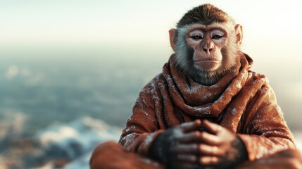 A majestic monkey, dressed in warm attire, sits in a meditative pose with a snowy landscape in the background, evoking a sense of tranquility and contemplation.