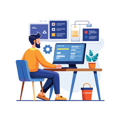 Man working on computer with multiple screens, web design, and development