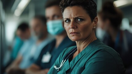 Fototapeta premium A determined nurse stares intently at the camera, surrounded by other medical staff in scrubs, capturing the intense atmosphere and dedication of healthcare professionals.