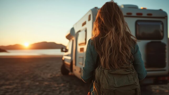 A woman with a backpack heads towards a vintage RV parked on a beach at sunset, embodying the essence of adventure, relaxation, and a love for travel and exploration.