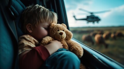 A serene image of a child blissfully sleeping in a vehicle, holding onto a teddy bear while a helicopter flies by, portraying innocence and childhood comfort.