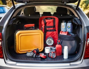 car emergency travel kit neatly organized inside the trunk of a modern car with essential safety items
