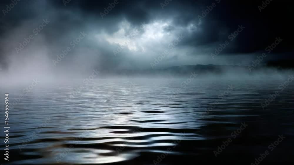 Aufkleber dark, misty lake with ripples on the surface of the water, illuminated by moonlight. the sky is fill