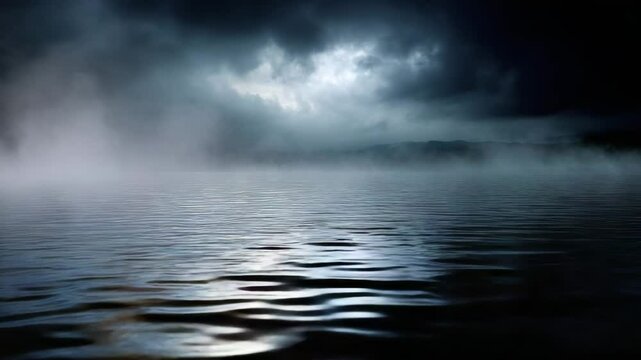 Dark, misty lake with ripples on the surface of the water, illuminated by moonlight. The sky is filled with clouds, creating an eerie atmosphere. A faint glow breaks through the clouds in the distance