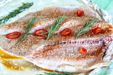 Traditional Brazilian golden tropical fish Salminus brasiliensis roasted with traditional seasonings, plantain, potatoes and rosemary. Dourado assado