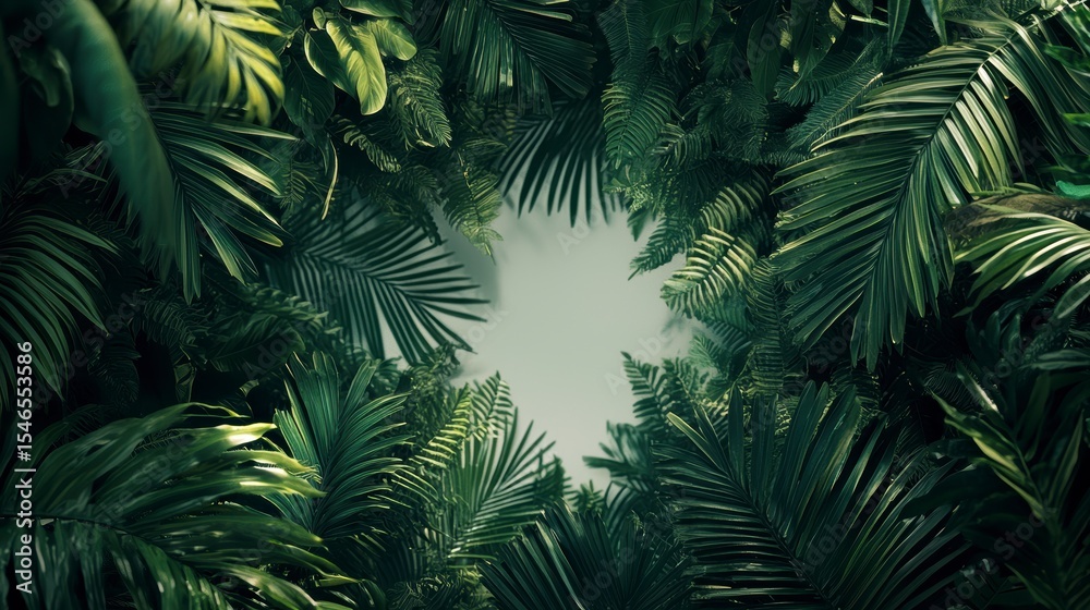 Poster lush green tropical foliage creates a frame with a central empty space.
