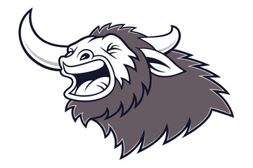 Ferocious cartoon yak roars loudly showcasing its intimidating horns and thick furry mane