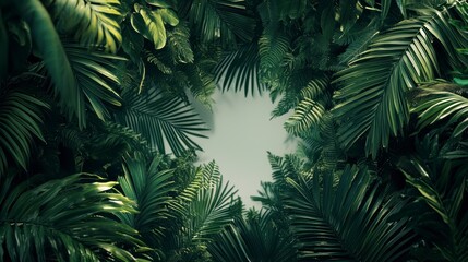 Lush green tropical foliage creates a frame with a central empty space.