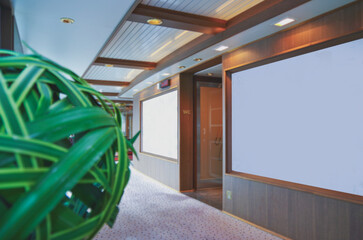 Luxurious modern observation or panorama lounge with floor to ceiling windows onboard expedition...