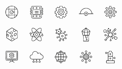 Artificial intelligence, AI technology Vector icons set for web and business, featuring symbols of communication, technology, and everyday life. Artificial Intelligence & Machine Learning Icons set.