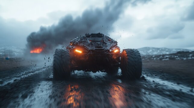A rugged futuristic vehicle navigates a rocky terrain, evoking feelings of adventure and resilience amidst a backdrop of smoke and distant fire, embodying extreme conditions.