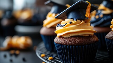 Delicious graduation-themed cupcakes decorated with caps and tassels, symbolizing celebration and achievement, offering a delightful and creative treat for festive occasions.