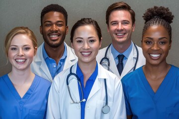 A diverse team of smiling doctors and nurses stand together