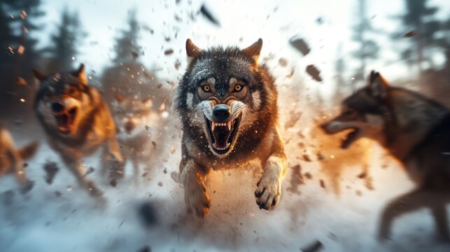 A pack of fierce wolves charges through a snowy landscape, embodying the wild spirit of nature and the raw power of these majestic creatures in their natural habitat.