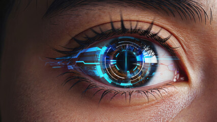 The human eye with embedded digital technology close-up.