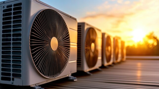 A row of air conditioning units bathed in a warm sunset glow showcases modern technology, highlighting their essential role in creating comfortable living environments.