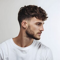 Fototapeta premium Tousled top with temple fade men's haircut isolated