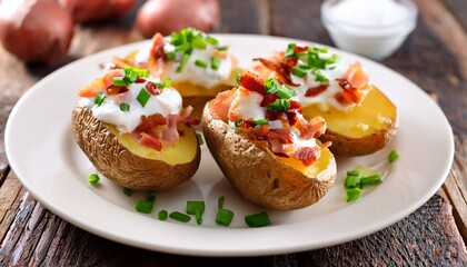 launch concept baked potatoes topped with sour cream chives and bacon bits