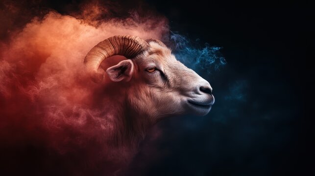A stunning artistic portrait of a goat illuminated against colorful smoke, blending nature and abstract art in a visually captivating expression of life and creativity.