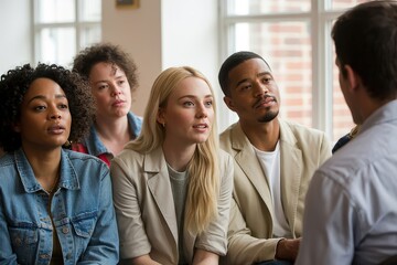 A diverse group of people attentively listen to a speaker during a meeting