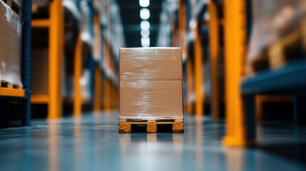In this image, a solitary wrapped pallet stands prominently in an empty warehouse aisle, emphasizing storage and logistics, surrounded by shelves lined with goods.