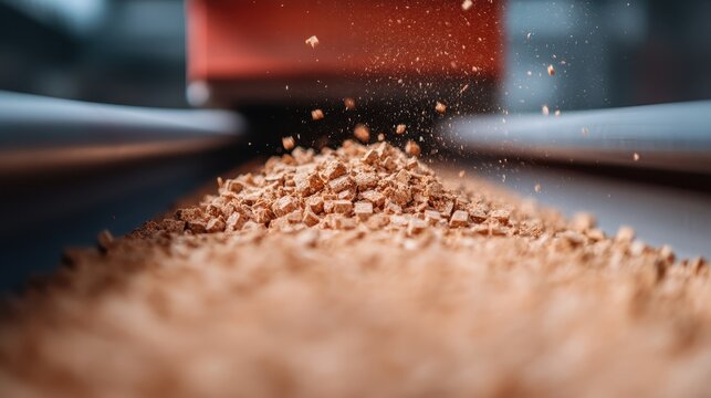 This image features wooden shavings cascading down a conveyor belt, with particles of dust suspended in the air, highlighting a woodworking or manufacturing process.